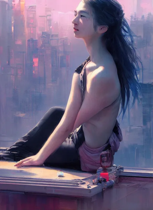 Prompt: girl sitting on a rooftop, cyberpunk, medium shot, expressive oil painting, by yoshitaka amano, by jeremy lipking, by artgerm, by wlop, digital art, gorgeous realistic eyes