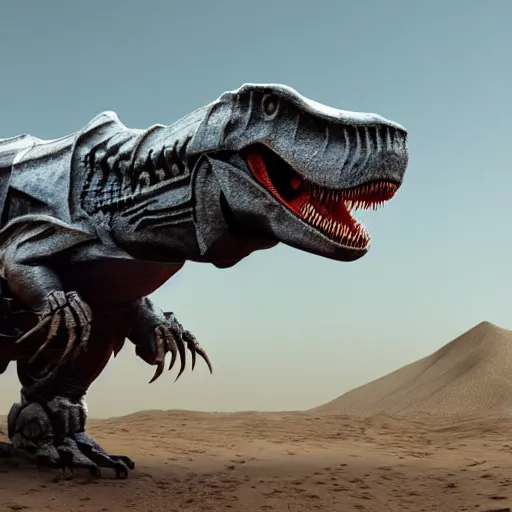 Prompt: 3 d render of a t - rex with a robotic armor. realistic. photo. photorealistic. detailed. high quality. high resolution. lossless quality. lossless. 8 k. hdr. 4 k. 8 k resolution. 1 6 k resolution