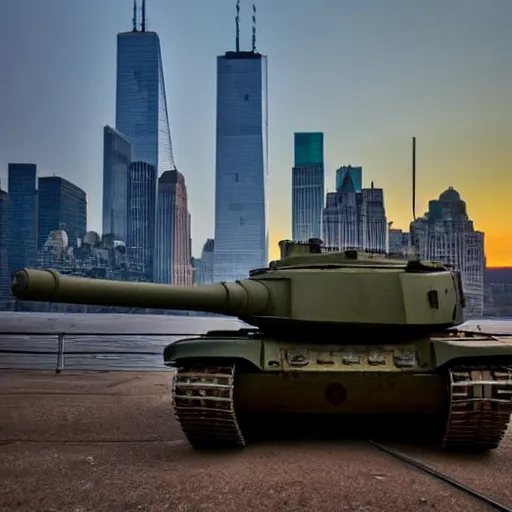 Prompt: low angle shot, tank in front of the new york skyline, reflections, award winning photograph, sunset, desolate, atmospheric