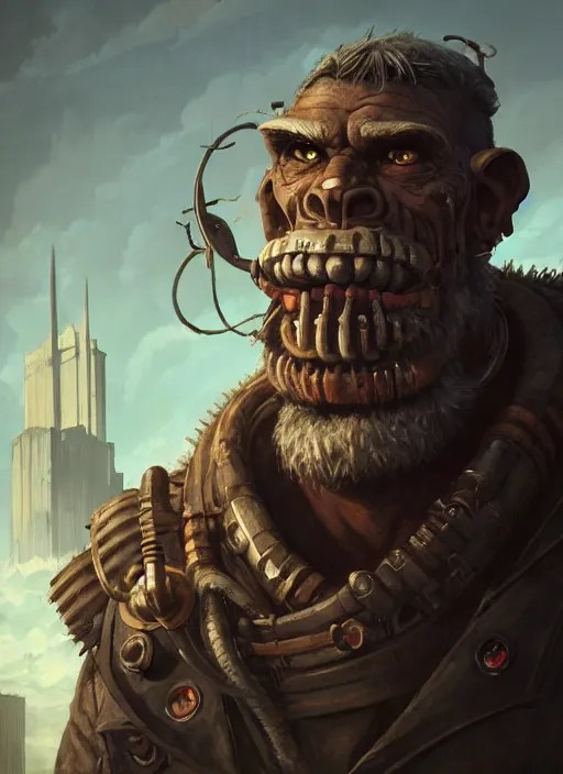 Image similar to a portrait of a ruggedly handsome dieselpunk orc with humanlike features in a city, key visual, ambient lighting, highly detailed, digital painting, artstation, concept art, sharp focus, by makoto shinkai and akihiko yoshida and hidari and wlop