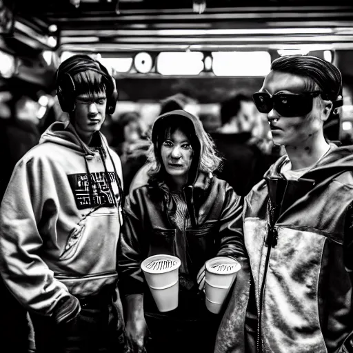 Image similar to photograph of retro techwear people with solo cups loitering near the bar of a packed busy rundown nightclub, retrofuturism, brutalism, cyberpunk, sigma 85mm f/1.4, 35mm, 4k, depth of field, high resolution, 4k, 8k, hd, highly detailed, full color