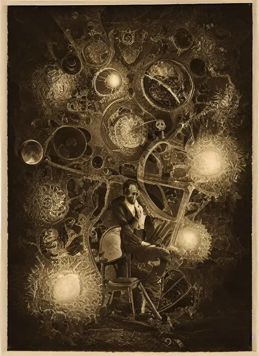 Prompt: old wetplate daguerreotype portrait of creation of time, explosion of data fragments, fractal, intricate, elegant, highly detailed, parallax, leica, medium format, subsurface scattering, by jheronimus bosch and greg rutkowski and louis jacques mande daguerre