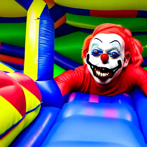 Image similar to photo of chased by a creepy clown in infinite corridors made of bouncy castle,