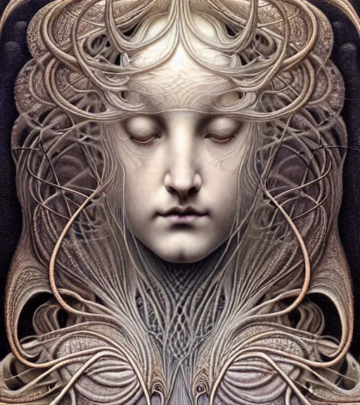 Prompt: detailed realistic beautiful mist goddess face portrait by jean delville, gustave dore, iris van herpen and marco mazzoni, art forms of nature by ernst haeckel, art nouveau, symbolist, visionary, gothic, neo - gothic, pre - raphaelite, fractal lace, intricate alien botanicals, ai biodiversity, surreality, hyperdetailed ultrasharp octane render