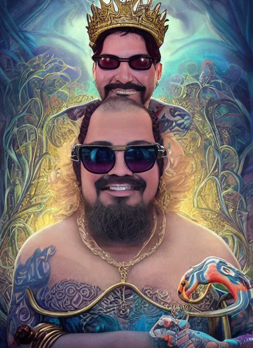 Prompt: young Atlantean king Jerry RIvera grinning and wearing cholo sunglasses and a heavy bejeweled gold crown reclining poolside with a beautiful flamingo, steelpunk, ghibli studio, nekro, Tom Bagshaw, Craig Mullins, octane 8k, by brian froud, Trending on ArtStation
