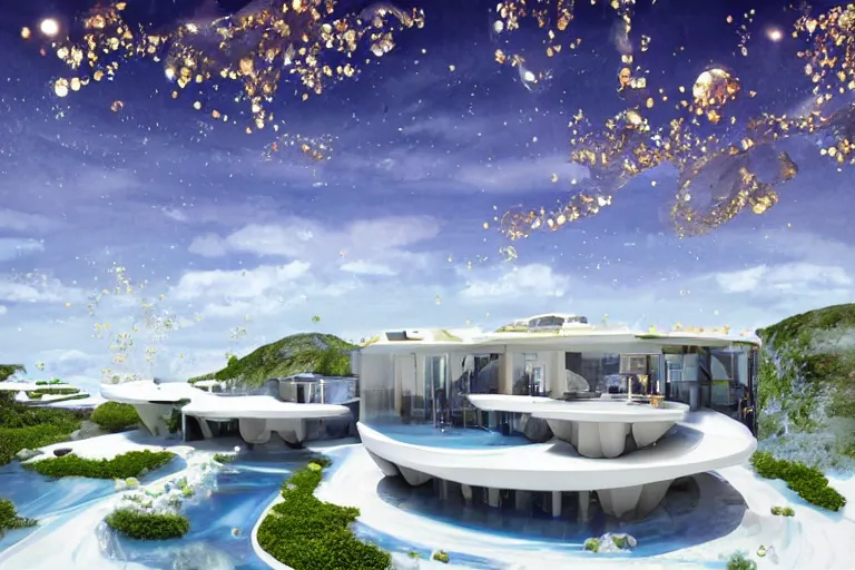 Prompt: futuristic luxurios chic mansion with Singaporean gold lush garden, white and royal blue theme, sakura season, advanced, top tier architecture house, at Salar De Uyuni, Hexagonal formations on the surface of salt crystallization, sandwiched between sedimentary deposits, bubbling geysers, marvellous reflection of the sky, digital painting, concept art, smooth, sharp focus, from Star Trek 2021, illustration, by WLOP and Ruan Jia and Mandy Jurgens and William-Adolphe Bouguereau, Artgerm