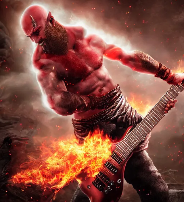 Image similar to kratos shredding on a flaming stratocaster guitar, cinematic render, god of war 2 0 1 8, santa monica studio official media, lightning, stripe over eye