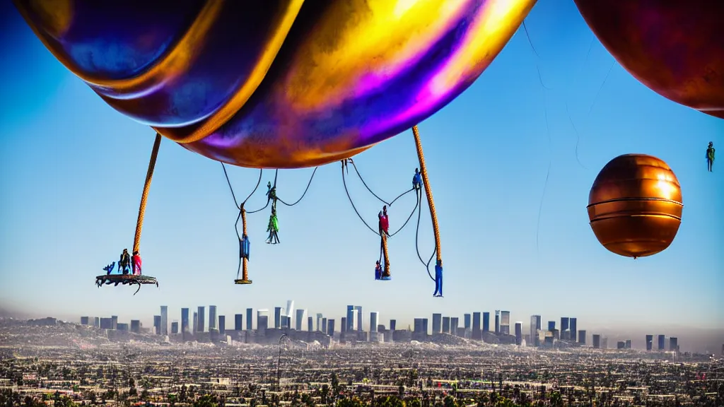 Image similar to large colorful futuristic space age metallic steampunk balloons with pipework and electrical wiring around the outside, and people on rope swings underneath, flying high over the beautiful los angeles city landscape, professional photography, 8 0 mm telephoto lens, realistic, detailed, photorealistic, photojournalism