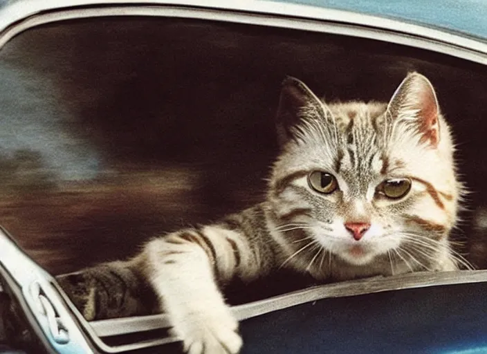 Prompt: A very high resolution image from a new movie, a cat driving a car around, inside of a car , mountains, Polaroid, directed by wes anderson