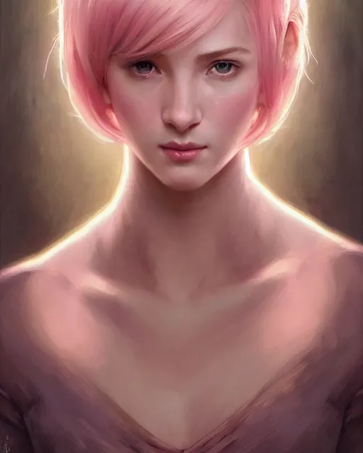 Image similar to portrait of pink short haired half elf with bangs, intricate, elegant, highly detailed, my rendition, digital painting, artstation, concept art, smooth, sharp focus, illustration, art by artgerm and greg rutkowski and alphonse mucha and uang guangjian and gil elvgren and sachin teng and wlop, symmetry!!