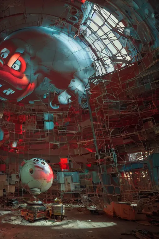 Image similar to workers repairing big mickey mouse head in abandoned computer facility, in background red glowing netflix logo. made by beeple, cgsociety, unreal engine, octane render, greg rutkowski, alphonse mucha, cinematic lighting, dark room, low light, sharp focus, 4 k highly detailed art