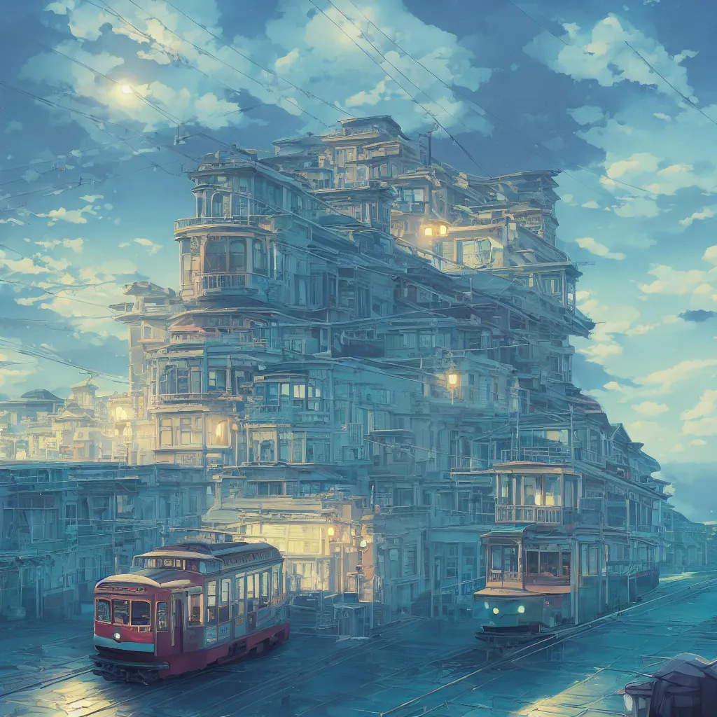 Image similar to a streetcar is running on the dreamy sea, kamakura scenery, unreal engine, fantasy art by greg, loish, rhads, ferdinand knab, makoto shinkai and lois van baarle, ilya kuvshinov, rossdraws, tom bagshaw, night lighting, trending onstudio ghibli, highly detailed, octane render, 8 k