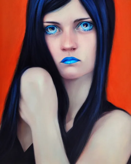 Prompt: realistic portrait of woman with black hair and blue eyes while she's sad, ultra realistic, 8k