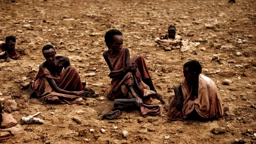 Image similar to 1984 Ethiopian biblical famine and drought as seen in Western TV, moody, dark, movie scene, depth of field, hd, 4k