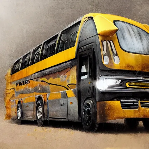 Image similar to Transformer hybrid of bus and wolf, having cabin if form of wolf head with big yellow eyes looking at us full of rage and long mechanical body - it is bus with wheels and windows, mechanical form of life, oil on canvas, fantasy, magic, dream, digital painting, concept art, smooth, sharp focus, illustration, artstation trending, octane render, unreal engine, anime style, cyberpunk