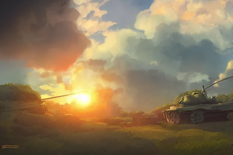 Prompt: tank firing at a building the shire at sunset in the style of ghibli, 8 k, artstation, award wining, rutkowski, shinkai