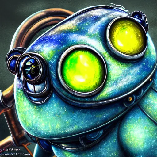 Prompt: anime mechanical blue steampunk frog with yellow eyes,, oil paint, cinematic light, renaissance, 8 k, high detail