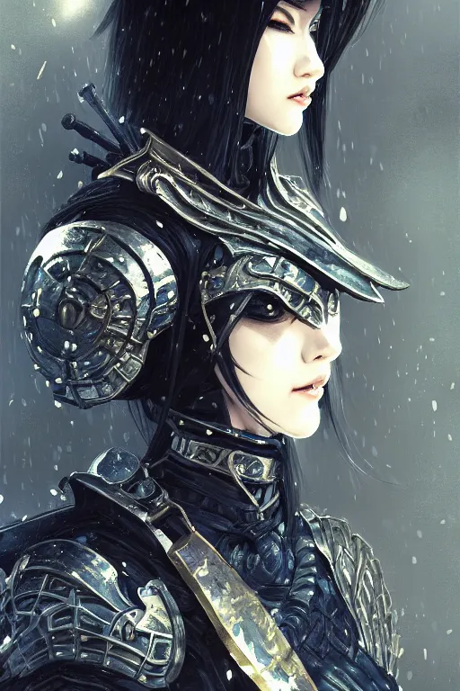 Image similar to portrait Ninja gaiden girl, armored black and blue ninja wardrobe, in ruin japanese rainny temple night, ssci-fi and fantasy, intricate and very very beautiful and elegant, highly detailed, digital painting, artstation, concept art, smooth and sharp focus, illustration, art by tian zi and WLOP and alphonse mucha