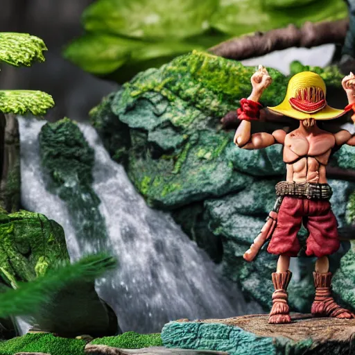 Image similar to high - res photograph of a claymation sculpture action figure warrior luffy, highly detailed sculpey diorama, forest setting, waterfall backdrop, smooth, sharp foccus, commercial product photography,