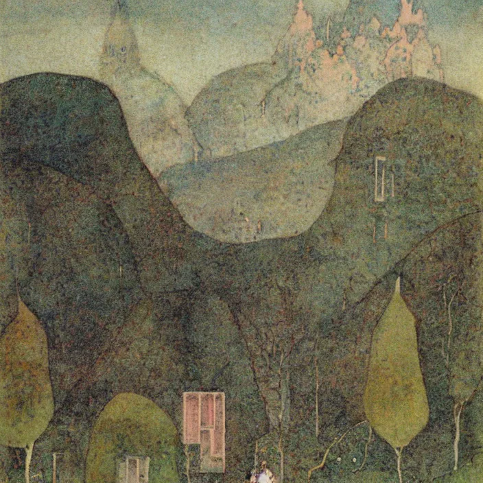 Image similar to a building in a landscape, by edmund dulac