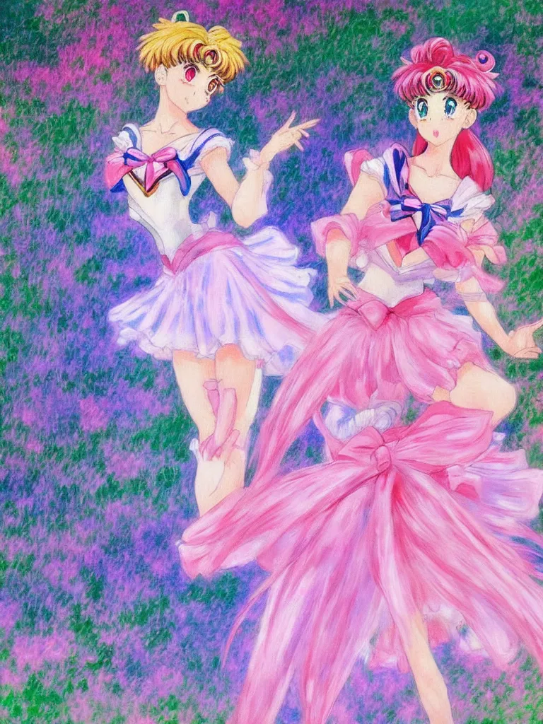 Prompt: resolution 4k Sailor Moon Skirts Anime Sailor Moon characters posing Pink, Girly, Feminine Hearts Painterly art in the style of Claude Monet and John Singer Sargent