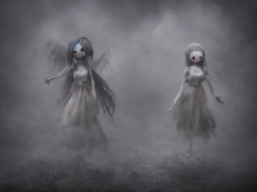 Image similar to cute fumo plush girl ghost in the haze of the murky river, smoke and volumetric fog, tattered gothic horror maiden, fallen angel, light shafts, light and shadow, vray