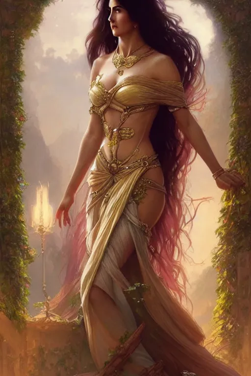 Image similar to katrina kaif as a princess, fantasy, intricate, elegant, highly detailed, digital painting, artstation, concept art, matte, sharp focus, illustration, art by artgerm and greg rutkowski and alphonse mucha