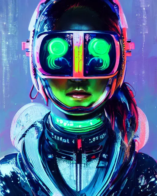 Image similar to detailed portrait Neon spacesuit Girl, cyberpunk futuristic neon, reflective, decorated with traditional Japanese ornaments by Ismail inceoglu dragan bibin hans thoma greg rutkowski Alexandros Pyromallis Nekro Rene Maritte Illustrated, Perfect face, fine details, realistic shaded, fine-face, pretty face