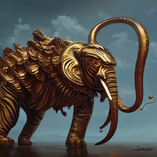 Prompt: winged tiger elephant, hyper detailed, digital art, trending in artstation, cinematic lighting, studio quality, smooth render, unreal engine 5 rendered, octane rendered, art style by klimt and nixeu and ian sprigger and wlop and krenz cushart