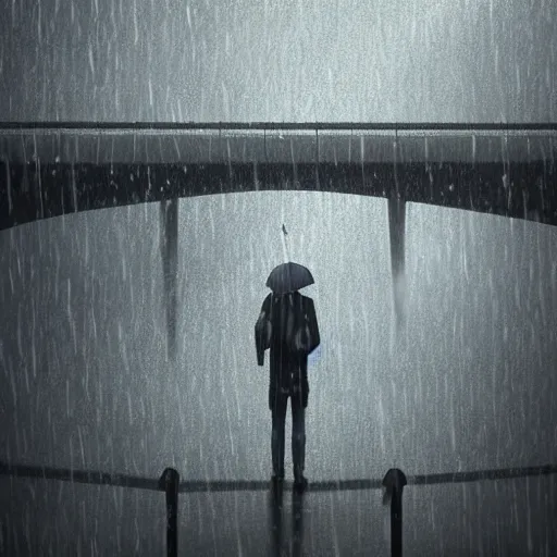 Prompt: person in deep dark despair, under bridge, wile its raining, trending on artstation, anime 4 k