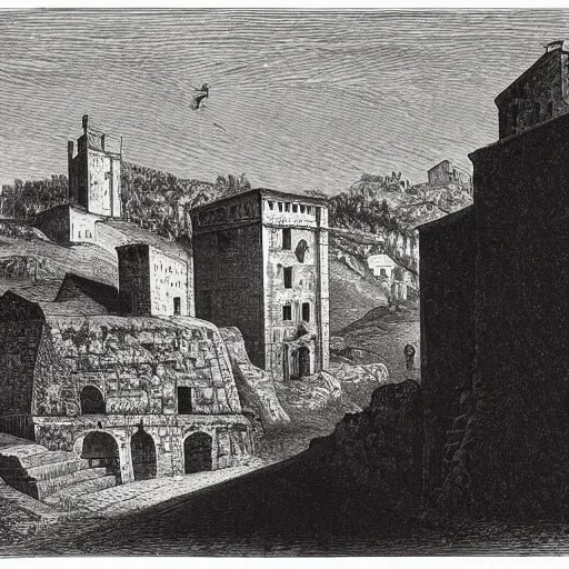 Image similar to medieval italian town landscape, gustave dore lithography