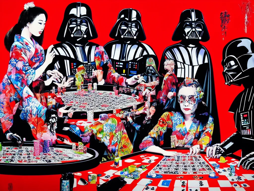 Image similar to hyperrealism composition of the detailed woman in a japanese kimono sitting at an extremely detailed poker table with darth vader, terminator, fireworks on the background, pop - art style, jacky tsai style, andy warhol style, acrylic on canvas