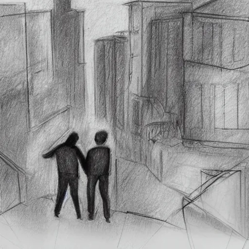 Image similar to a rough pencil sketch of two people watching their city get bombed