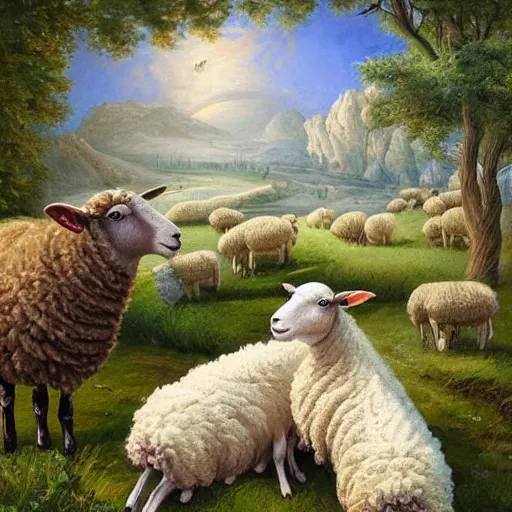 Image similar to three sheep in a wonderful nature scene, beautiful, intricate, hyper detailed, painting