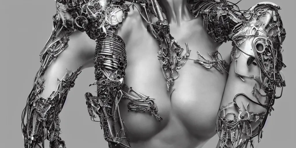 Image similar to hyper realistic photography of a stunningly beautiful cyborg female, plated arm, intimate, holding close, ribbon, in the style of beth cavener, jin kagetsu,, and wlop, highly detailed, intricate filigree, symmetry, masterpiece, award winning, sharp focus, concept art, highkey lighting, ambient lighting, octane render, 8 k, artstation