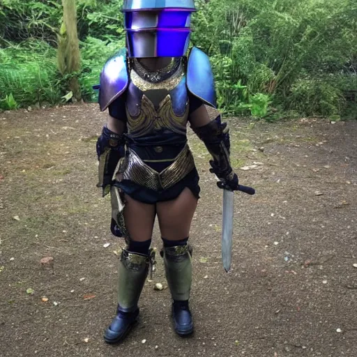 Prompt: photo of a female warrior with galaxy coloured armour