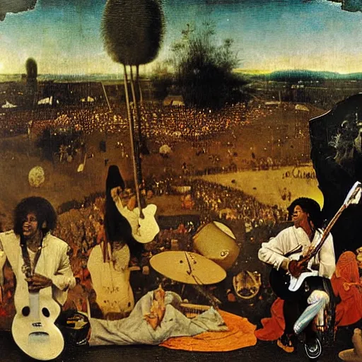 Image similar to jimy hendrix at woodstock by hieronymus bosch