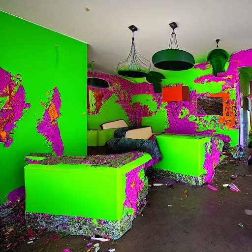 Image similar to dayglo green, taco bell opulent by nacho carbonell. a body art of a room that is wrecked, furniture overturned, belongings strewn about, & debris everywhere. the only thing left intact is a photograph on the wall shows a tidy, well - appointed space, with everything in its place.