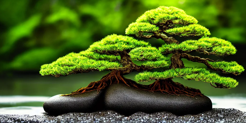 Prompt: photo bonsai cedar on a small angular emerald rock in the water, gold hour, soft lighting, rain, medium full shot, volumetric lighting, beautiful, ultra detailed, 3 5 mm, fujifilm