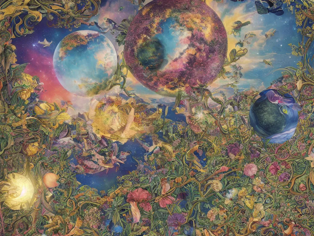 Image similar to The universe is a spheroid region 705 meters in diameter, 3d render, Sunlight Study, by Maria Sibylla Merian!!! and ((((Lisa Frank)))), Art Nouveau, 8k, extreme detail, sharp focus, octane render