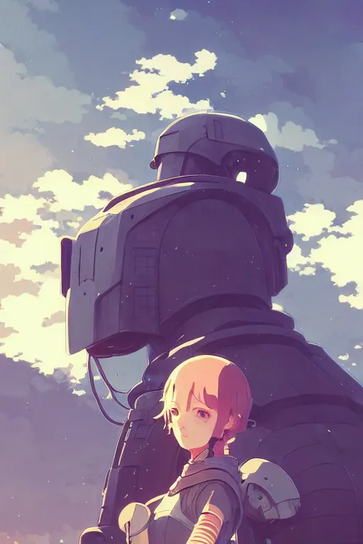 Image similar to portrait of a big medieval mech by ilya kuvshinov, cloudy sky background lush landscape ln illustration concept art anime key visual trending pixiv by victo ngai fanbox by greg rutkowski makoto shinkai takashi takeuchi studio ghibli