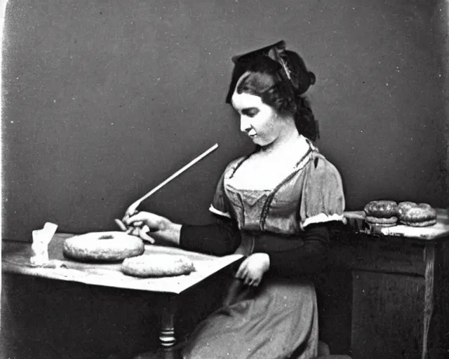 Image similar to an early 1800s photo of someone sitting at a computer making a donut in blender