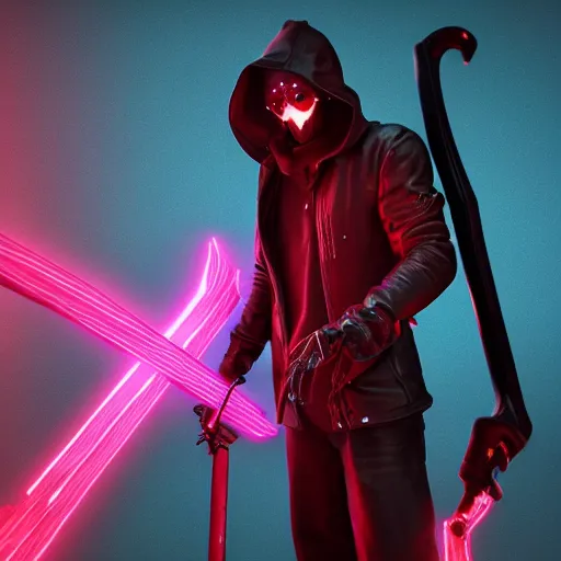 Image similar to hyperrealistic neon grimm reaper holding a scythe, photorealistic cinematic render, octane render, cyberpunk in hell, fog, fire, 8 k, unrealengine