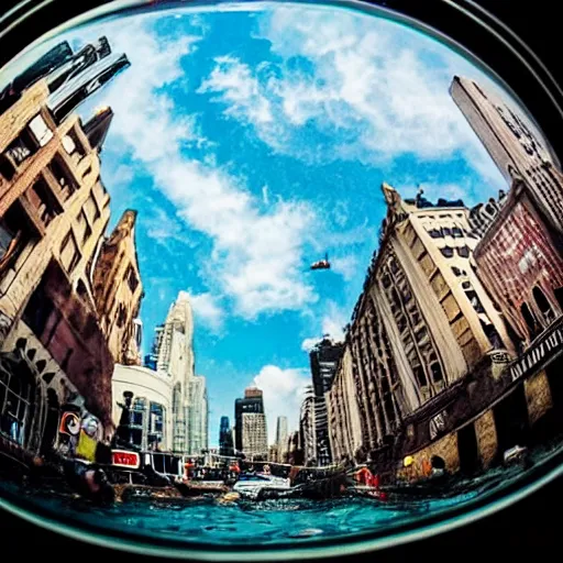 Prompt: fisheye underwater footage of a city street photography