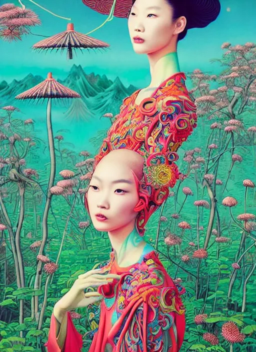 Image similar to pretty chinese model with hallucination mushroom : : by martine johanna and simon stalenhag and chie yoshii and casey weldon and wlop : : ornate, dynamic, particulate, rich colors, intricate, elegant, highly detailed, vogue, harper's bazaar art, fashion magazine, smooth, sharp focus,