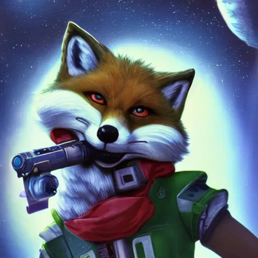 Prompt: a portrait of fox mccloud firing a blaster, anthropomorphic furry art, star fox, heroic close up, action, imax, 8 k, by jim burns