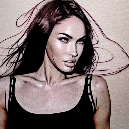 Image similar to hyper realism tattoo design of megan fox face double exposure effect with beautiful mountain scenery, in the style of matteo pasqualin, amazing detail, sharp, faded