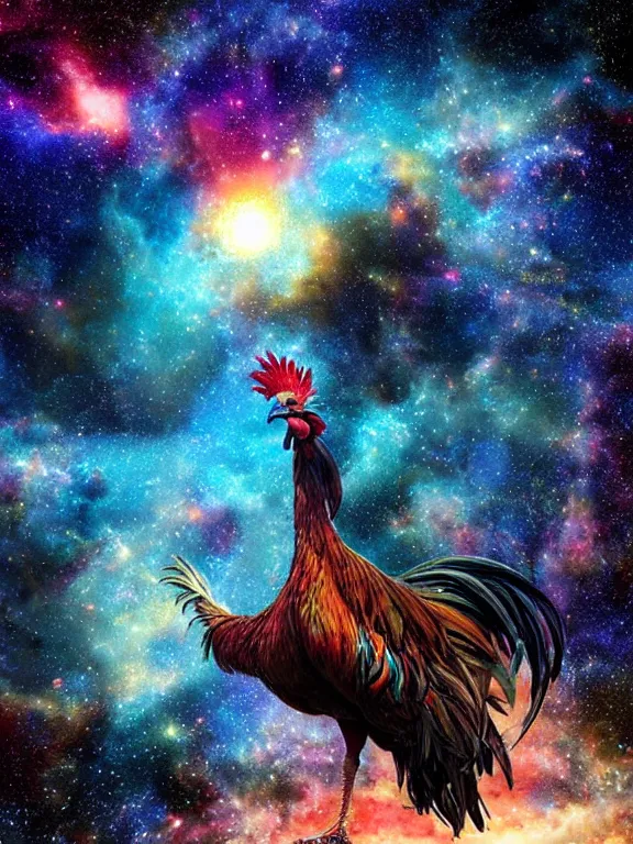 Image similar to a lone giant rooster, centered, floating in space, center of the universe, \ galaxy cosmic nebula, epic, volumetric light, hyperrealistic, glitter, mega detailed, beautiful composition, beautiful lighting, unreal render, 4 k, vincent di fate, john berkey, michael whelan