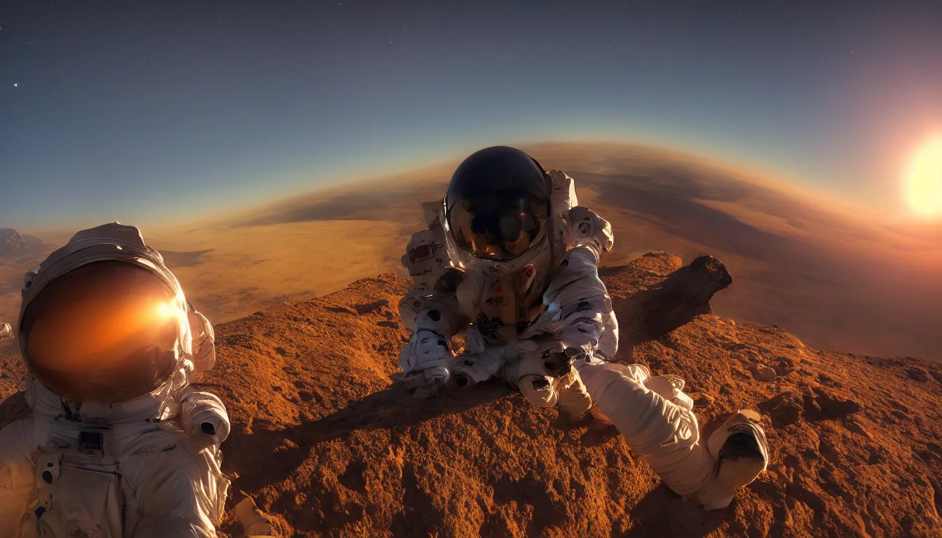 Prompt: lone astronaut sat on top of a mountain looking at the horizon of a unknown planet,extremely close shot from the back of the astronaut, helmet reflection, sunset, cinematic, epic, dark scenario, 8k, award winning,