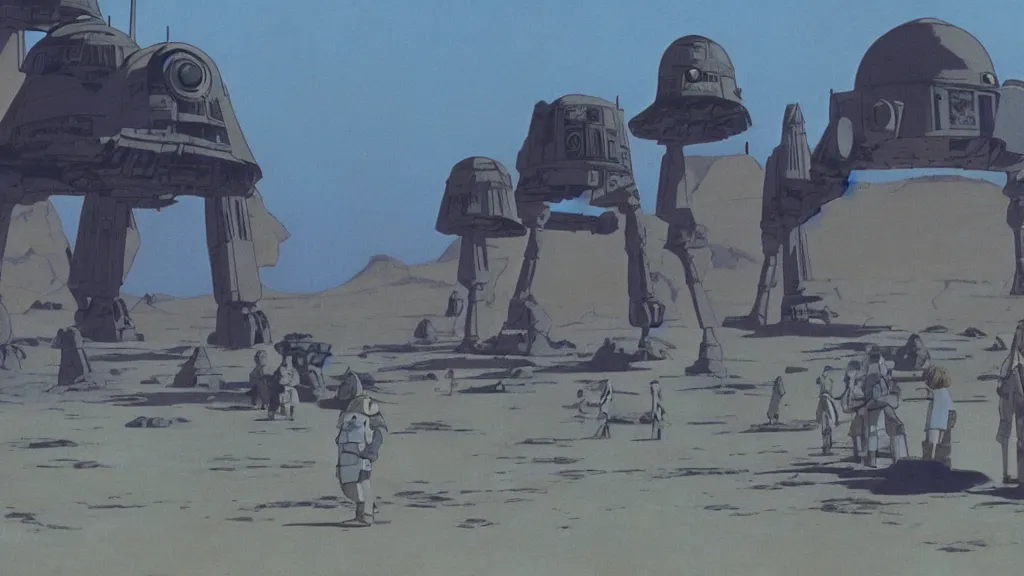 Image similar to film still tatooine landscape Star Wars a new hope 1977 studio ghibli animation